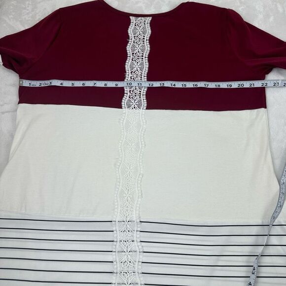 Sherosa Women's XL Long Sleeve Colorblock Tunic‎ Maroon Ivory Stripe Lace Inset - Picture 8 of 9